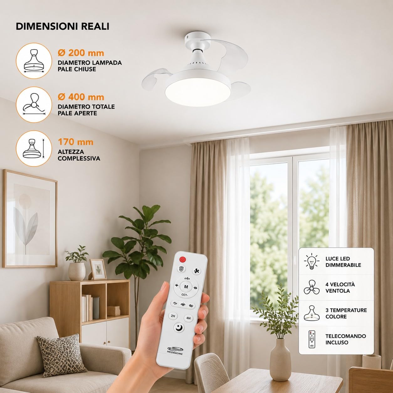 Partenopea Ventilatore da Soffitto con Luce LED E27 Pale Retrattili Telecomando Dimmerabile 3 Temperature Colore 4 Velocità Ventola Lampada Soffitto Silenziosa Attacco E27 per Camera Cucina Studio