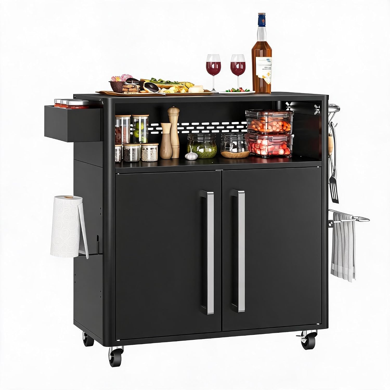 Litake Outdoor Grill Cart with Storage Cabinet,Tool Hooks & Spice Rack