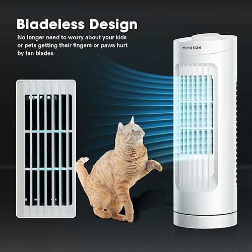 Miniatura 6 de VIVOSUN Ventilador de torre de 13 pulgadas, ventilador de escritorio sin aspas con 3 velocidades y oscilación de 70, portátil y compacto, ventilador