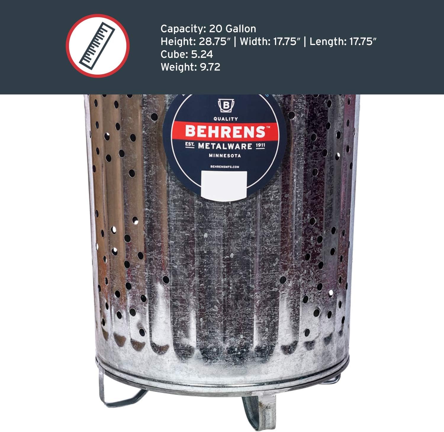 Behrens Manufacturing Galvanized Steel Outdoor Composter/Burner Trash Can for Garden, Yard, and Rubbish Waste 20-Gallon