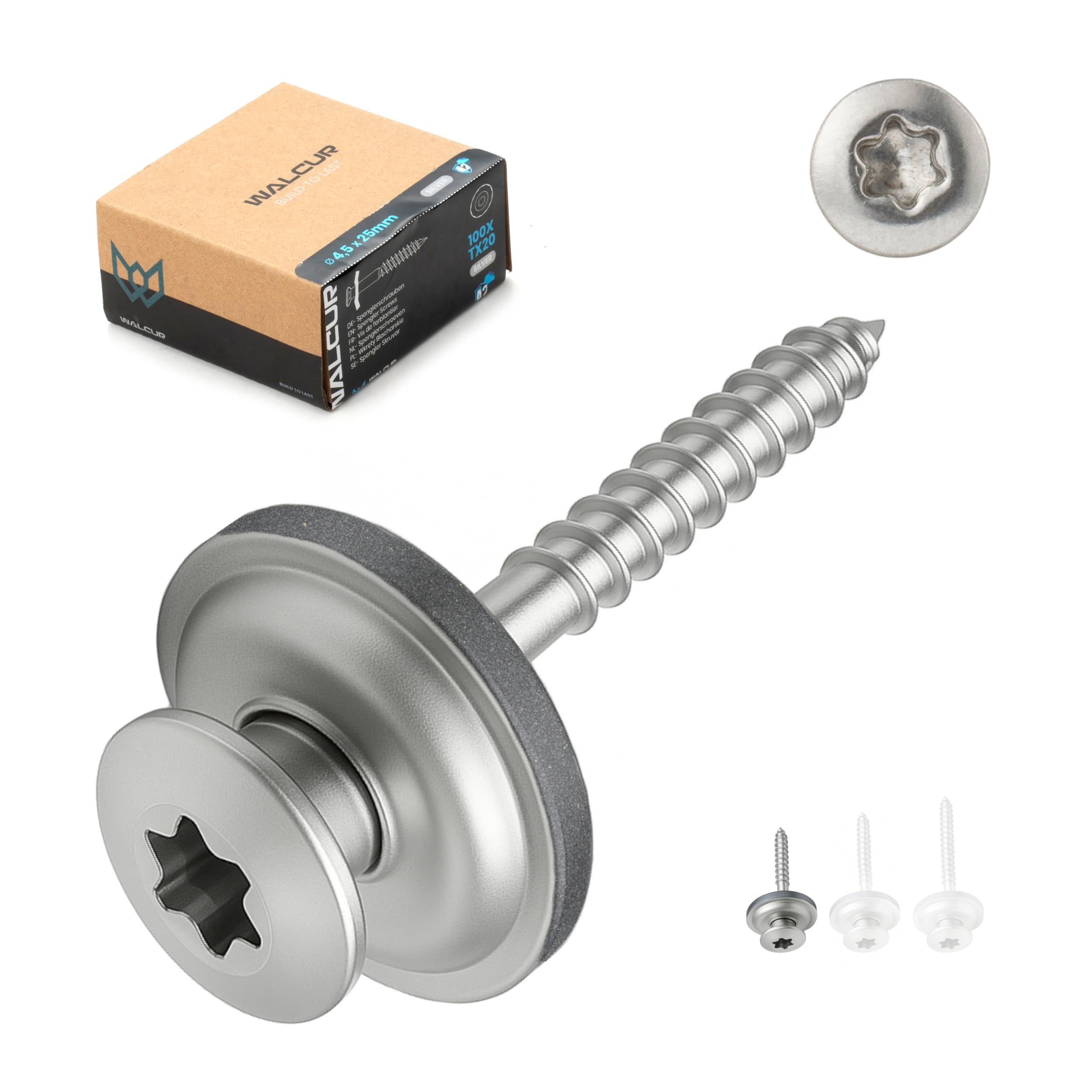 WALCUR Spengler Screws ø 4.5 x 25 mm Stainless Steel Self Drilling Decking 100 Pcs Leak-Proof Roofing with Rubber Washers