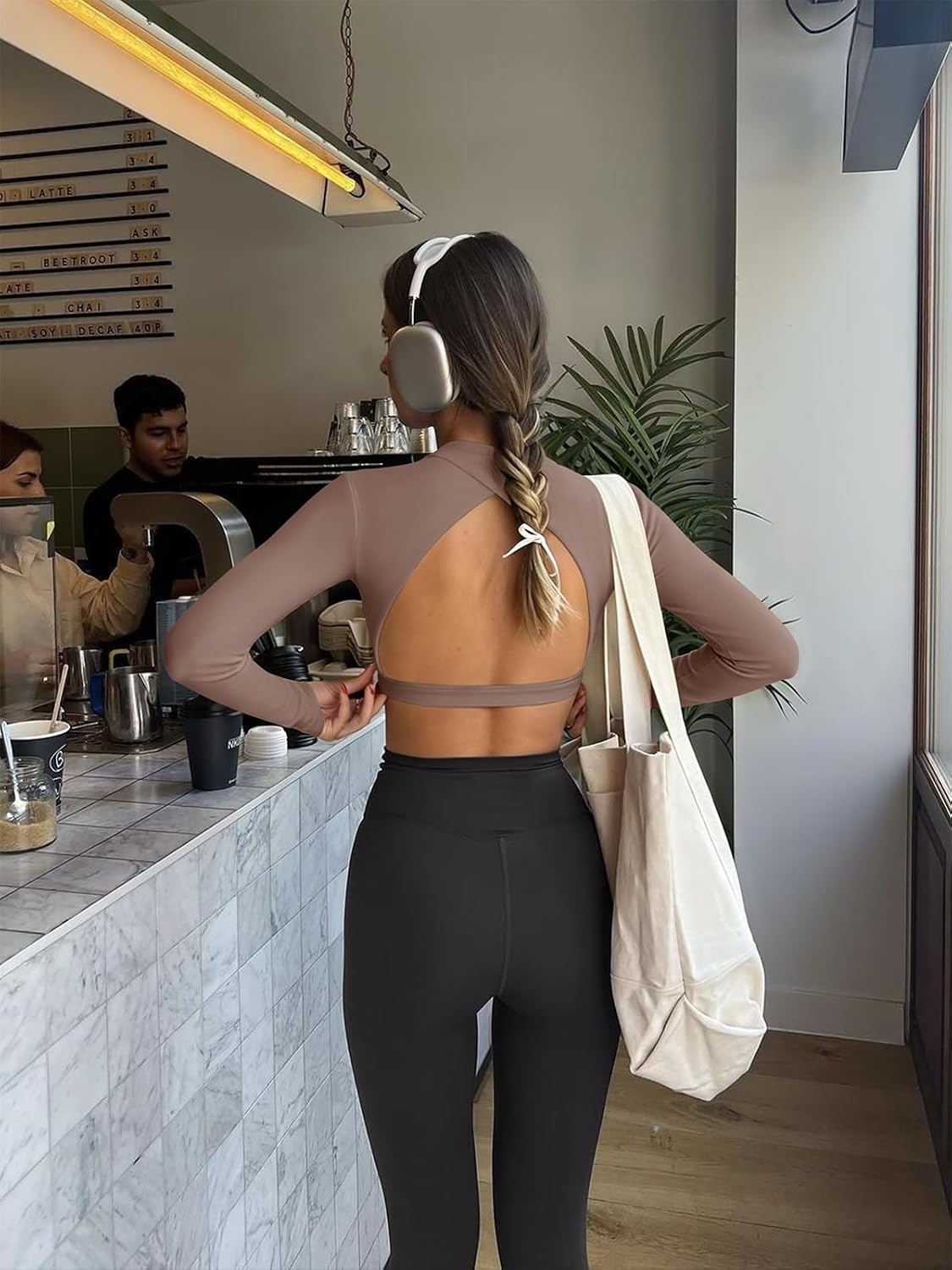 LASLULU Womens Long Sleeve Backless Workout Crop Top Slim Shirt | Open Back,High Neck Crewneck,Athletic Gym Yoga Pilates Tops,Fitted Tight,Dance Sport Top,Sexy Cute,Going Out Top