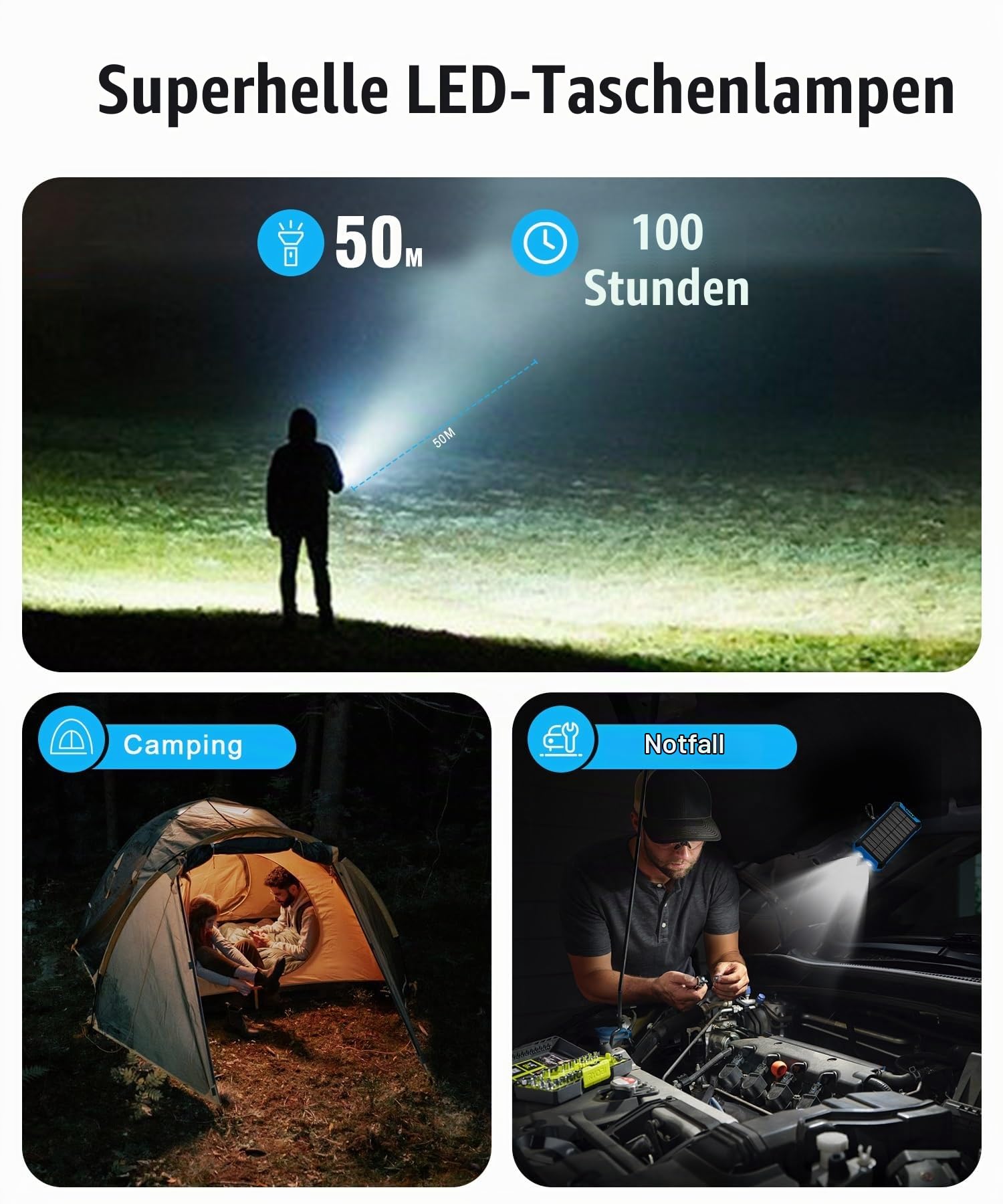 Wireless Solar Powerbank 26800mAh mit 4 Kabel, 15W Schnellladung für Handy