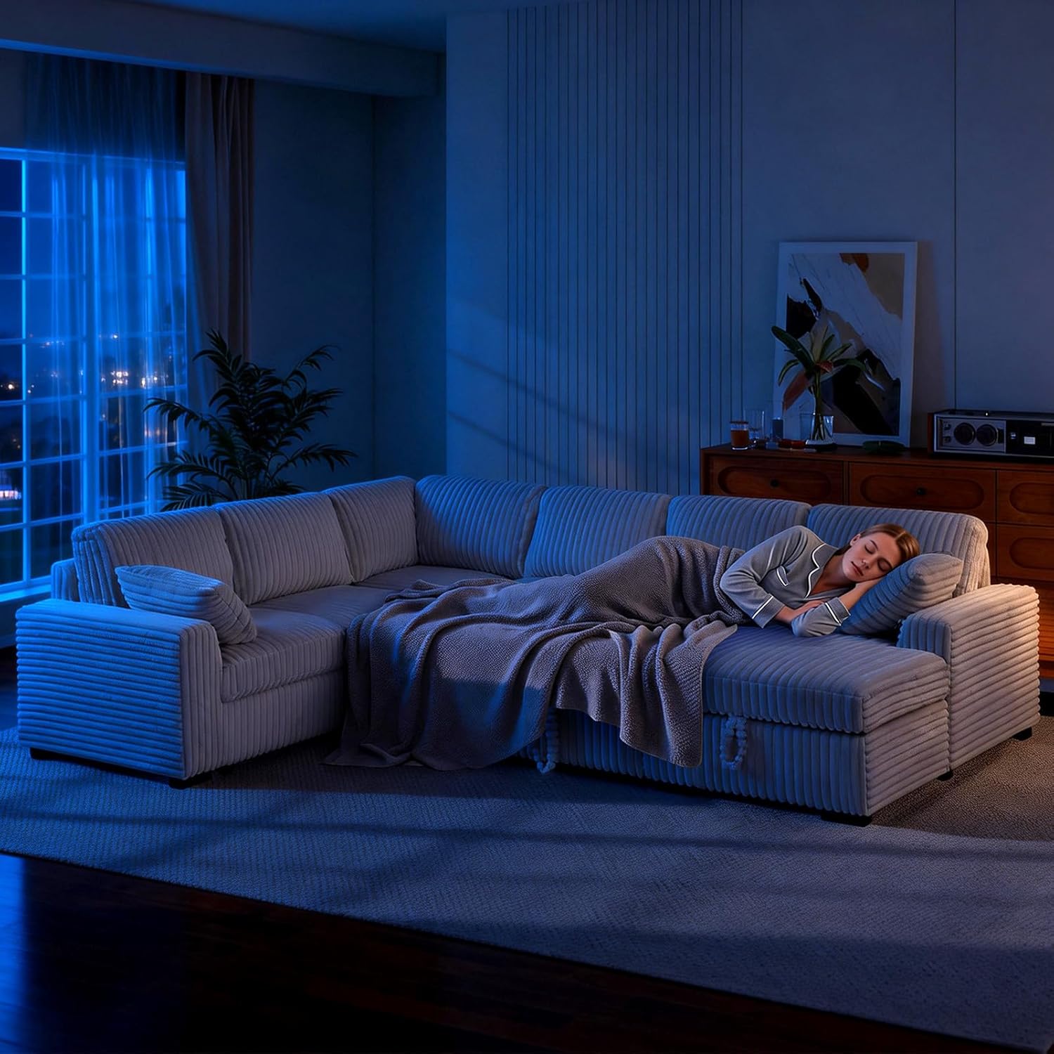 117" U-Shaped Sleeper Sofa with Storage & Pull-Out Bed, Reclining Sectional with Chaise, Convertible Corduroy Couch for Living Room, Apartment Beige