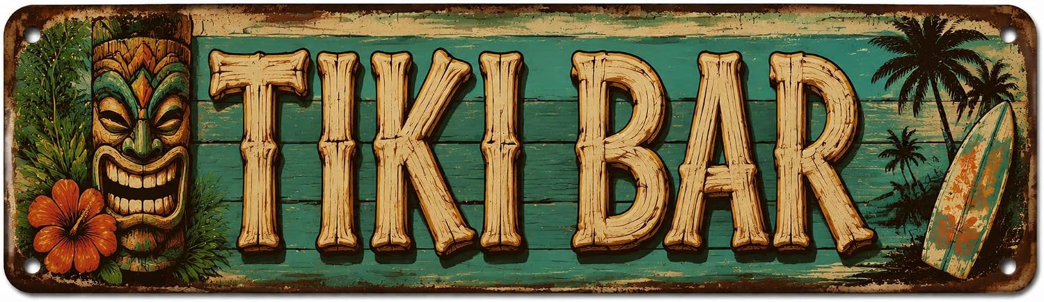 Tiki Bar Metal Tin Sign,Tropical Island Bar Wall Decor 4x16
