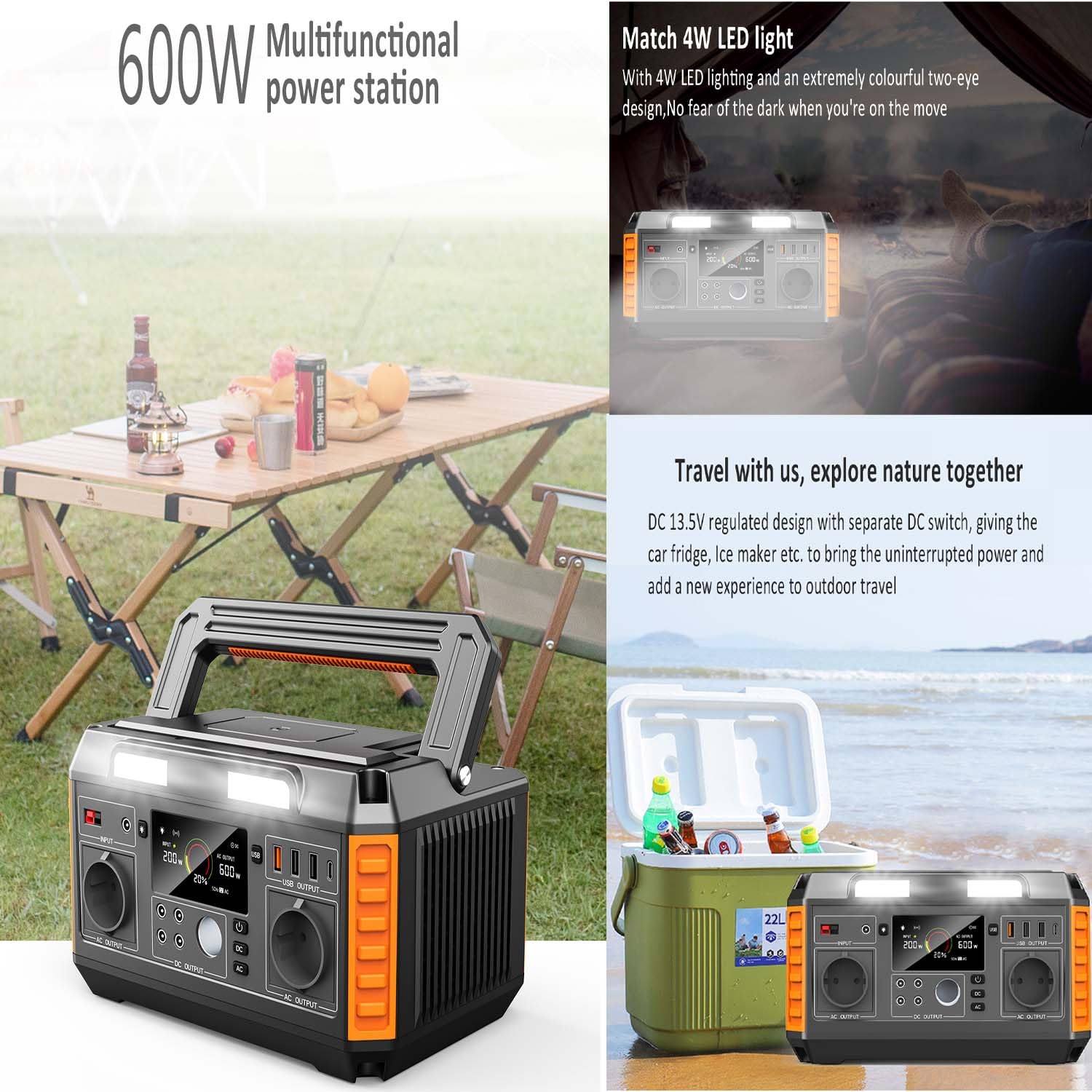 Generador Solar Portable Power Station 520WH 600W con Salida De Onda Senoidal Pura AC/DC Generador De Almacenamiento De Energía De Emergencia para Camping Batería 140400 Mah