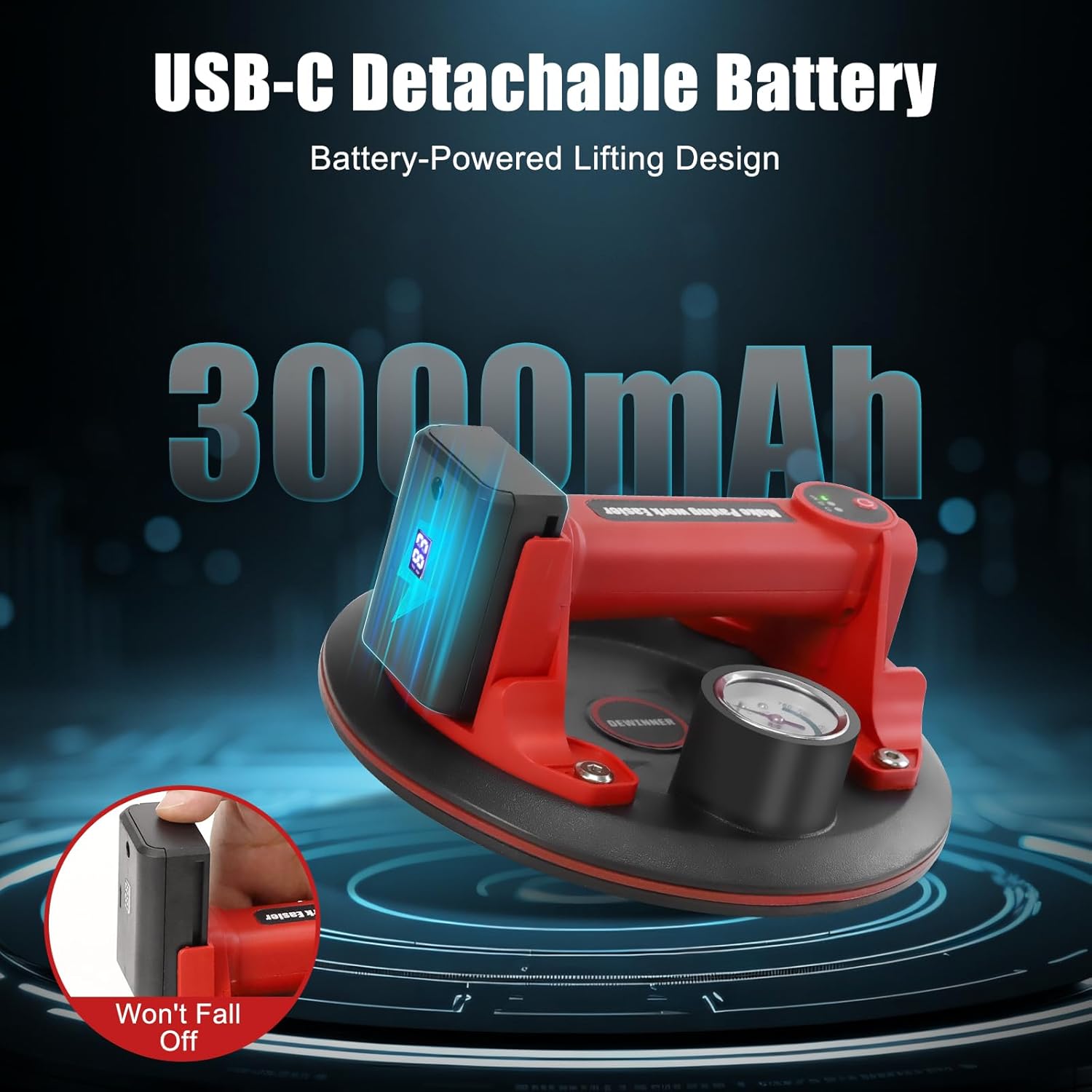 DEWINNER 8" Electric Vacuum Suction Cup with Pressure Gauge,Heavy Duty Glass Lifter,Industrial Strength Suction Cup,Auto Start Pump for Glass,Granite,Tile,Metal,300KG/660LBS Load Capacity