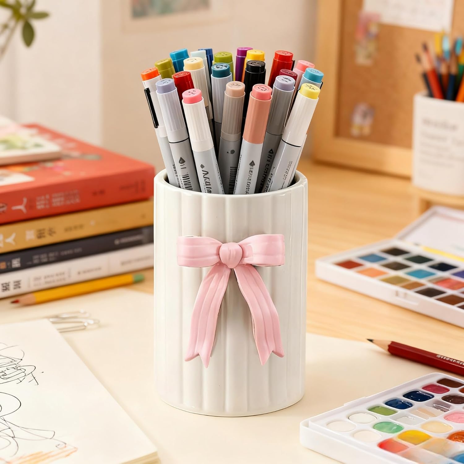 Handmade Pink Bow Ceramic Utensil Holder, 3D Coquette Cooking Utensil Crock for Kitchen Counter, Preppy Storage Caddy Organizer Vase Decor for Kitchen Countertop