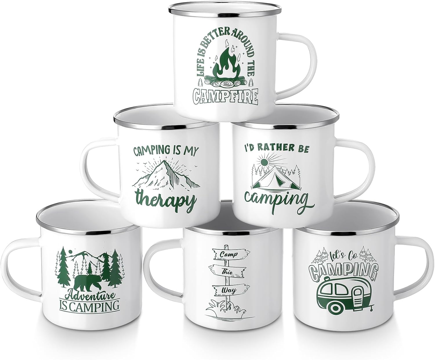 Pickmesh 6 Pcs Camping Mugs Enamel Cups 12oz Coffee Cups with Handle Camping Gifts for Outdoor Hiking Backpacking Lovers(Elegant Style)