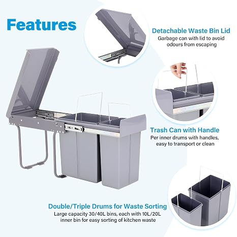 Warmiehomy 40L Pull Out Kitchen Bin Waste Recycling Bin 2 Compartment