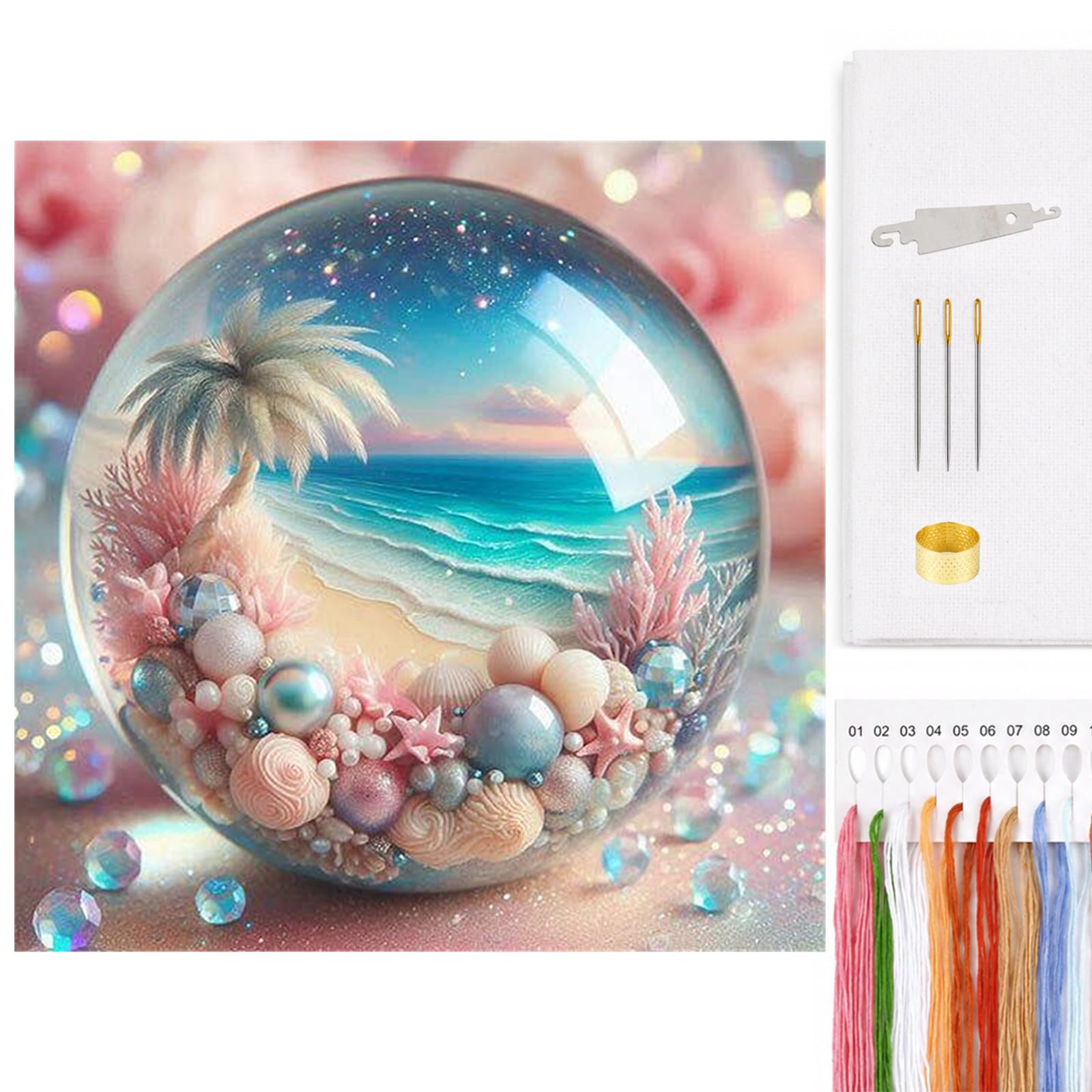 Poetrydraw Beach Globe Cross Stitch Kit 11Ct 3-Strands Diy Embroidery Starter Set 17.71X17.71inch Arts & Crafts For Beginners