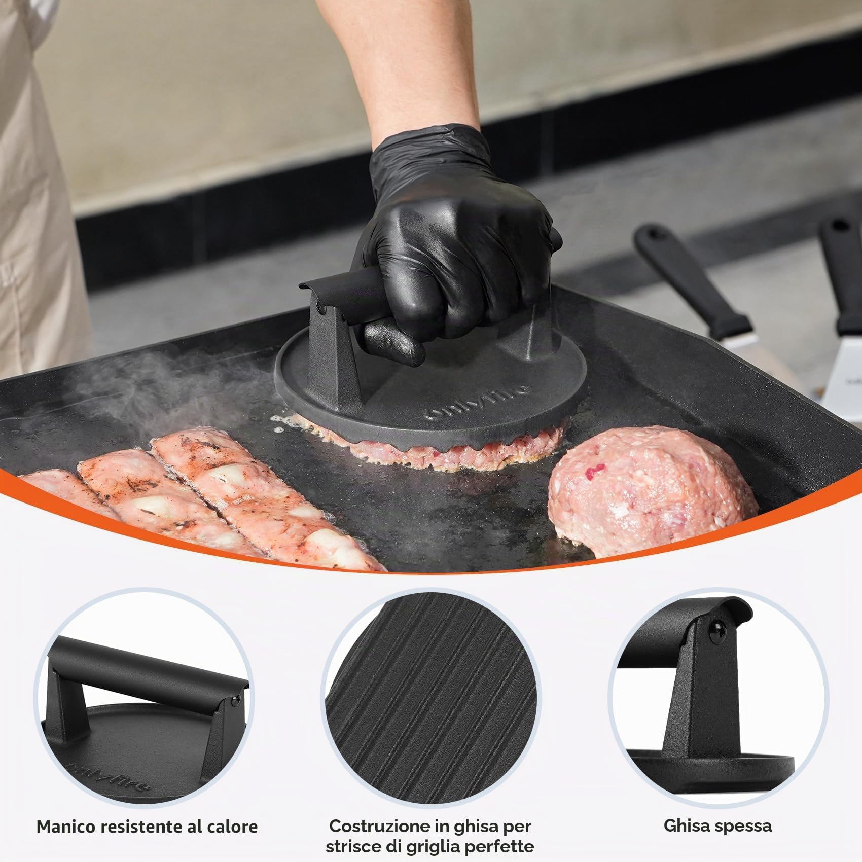 onlyfire Smash Burger Kit, Φ15,2 cm Smash Burger Press in Ghisa e 2 Pezzi Φ22,8 cm Coperchio per Hamburger, Kit di Accessori Professionali per Piastra, Teppanyaki e Campeggio