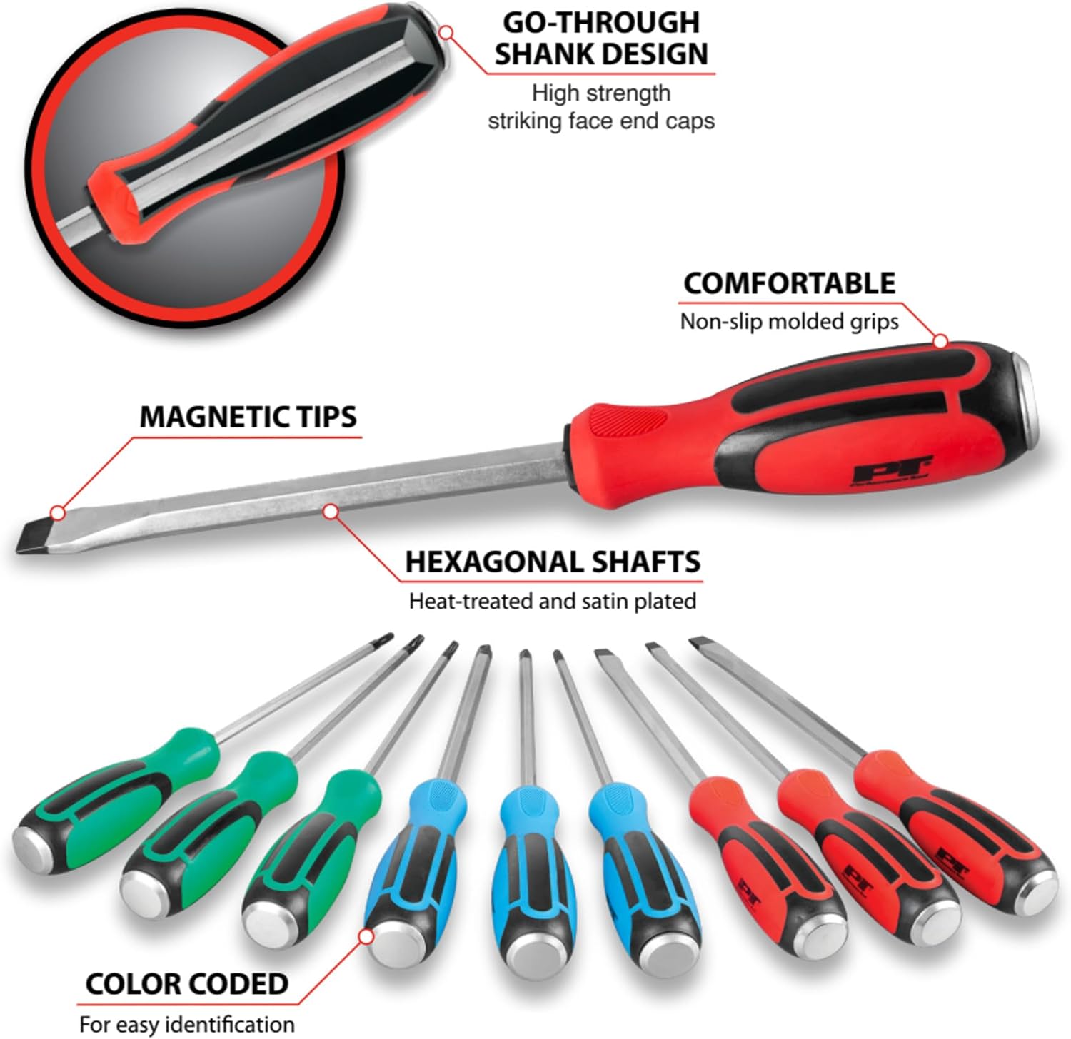 Performance Tool W1742 9 Pc. Screwdriver Set with Rack - Heat-Treated Shafts, Magnetic Tips, Color-Coded Grips