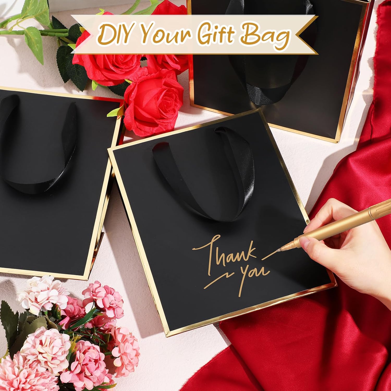 Yeaqee 10 Pack Metallic Paper Gift Bags with Handles Tissue Paper Thank You 5 Senses Gift Bag for Birthday Wedding Baby Shower Groomsmen Bridal Anniversary Favor 9 x 7 x 3.15''(Black, Gold) - Image 3