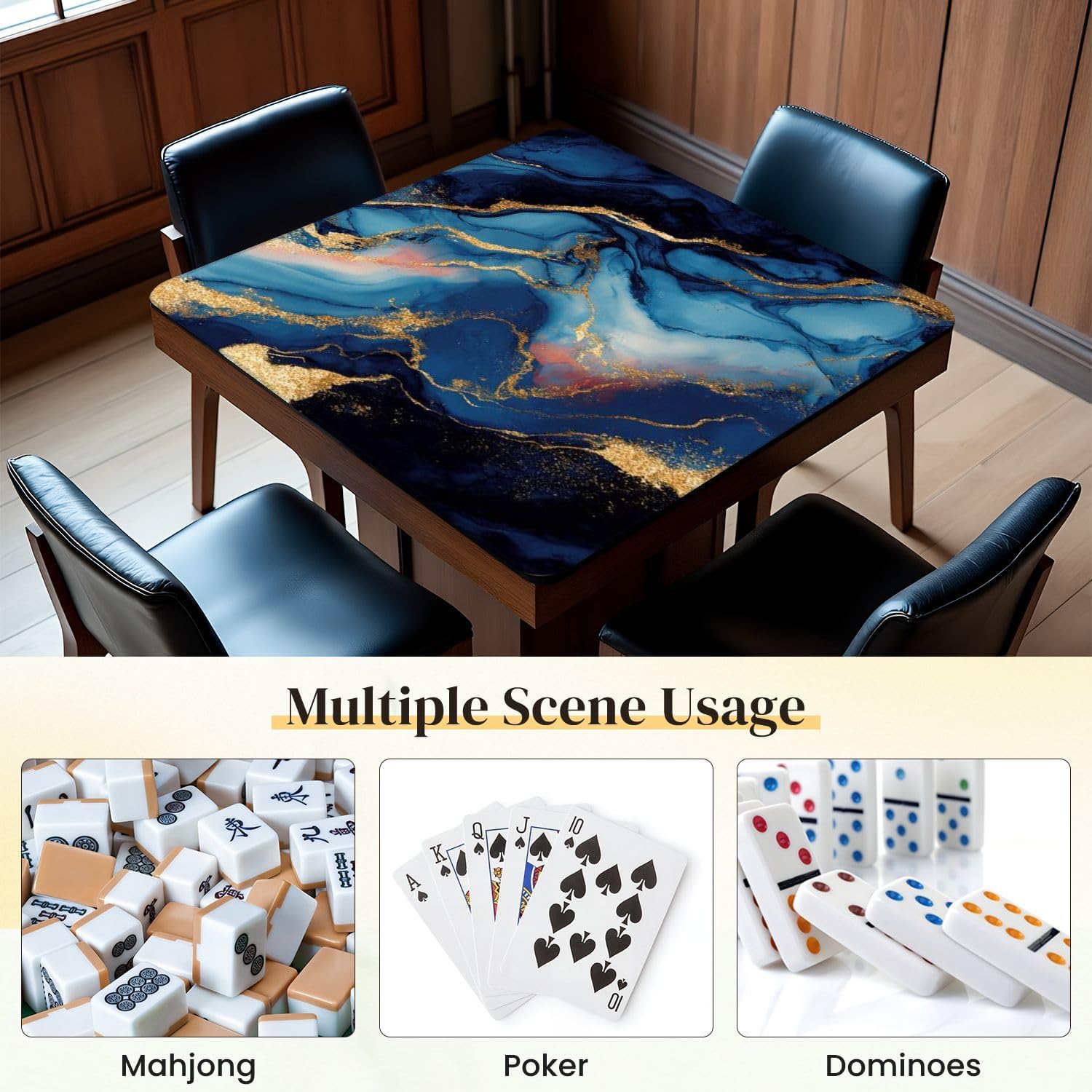 Mahjong Mat for Table 31.5"x31.5" Luxurious Navy Blue Ink Marble Like Abstract Texture Golden dust Anti Slip Noise Reduction Gaming Mat with Carry Bag Mahjong Accessories for Board Games Poker Card