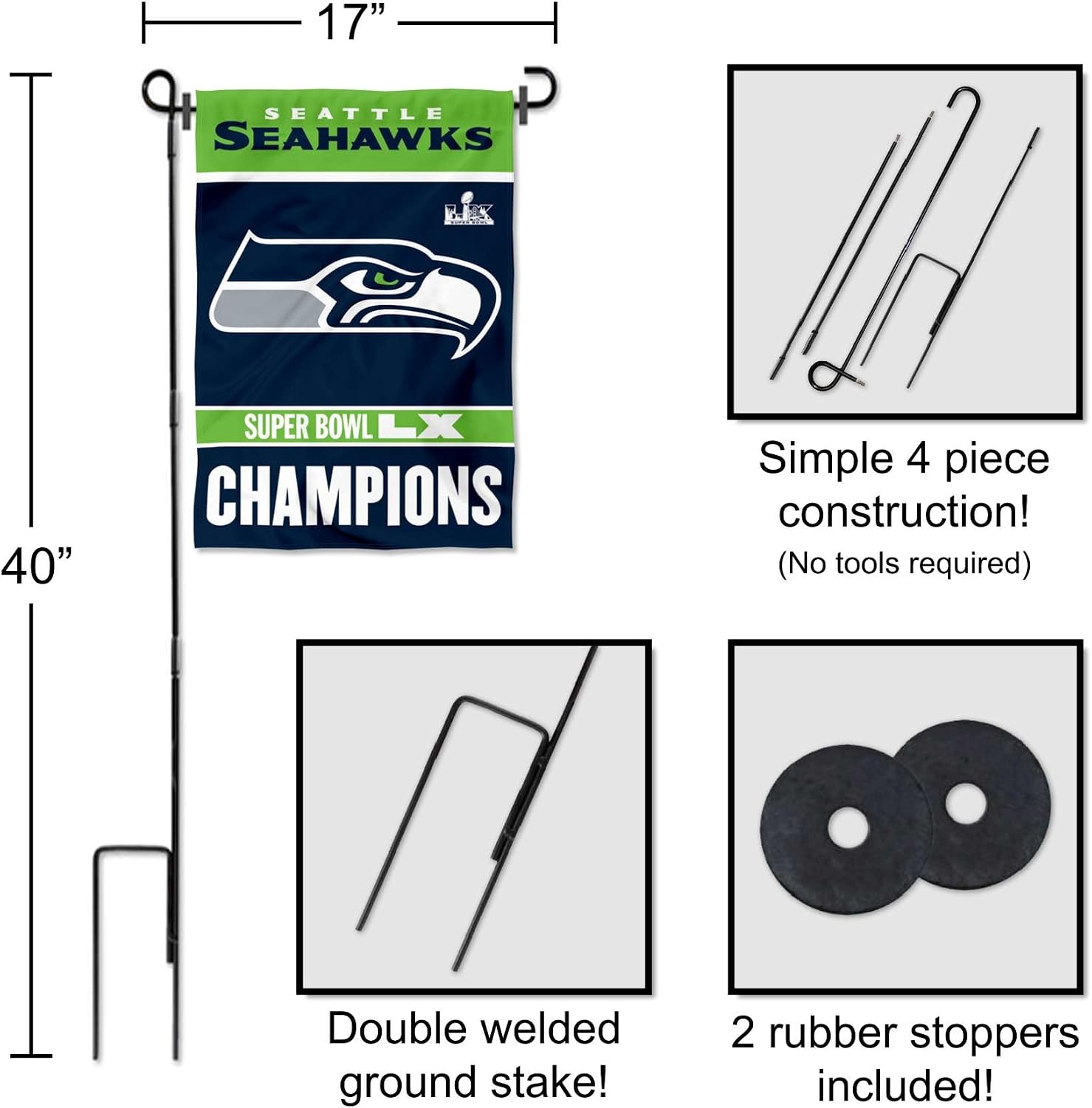 Seattle Seahawks Super Bowl LX Champions Garden Flag and Pole Stand Holder