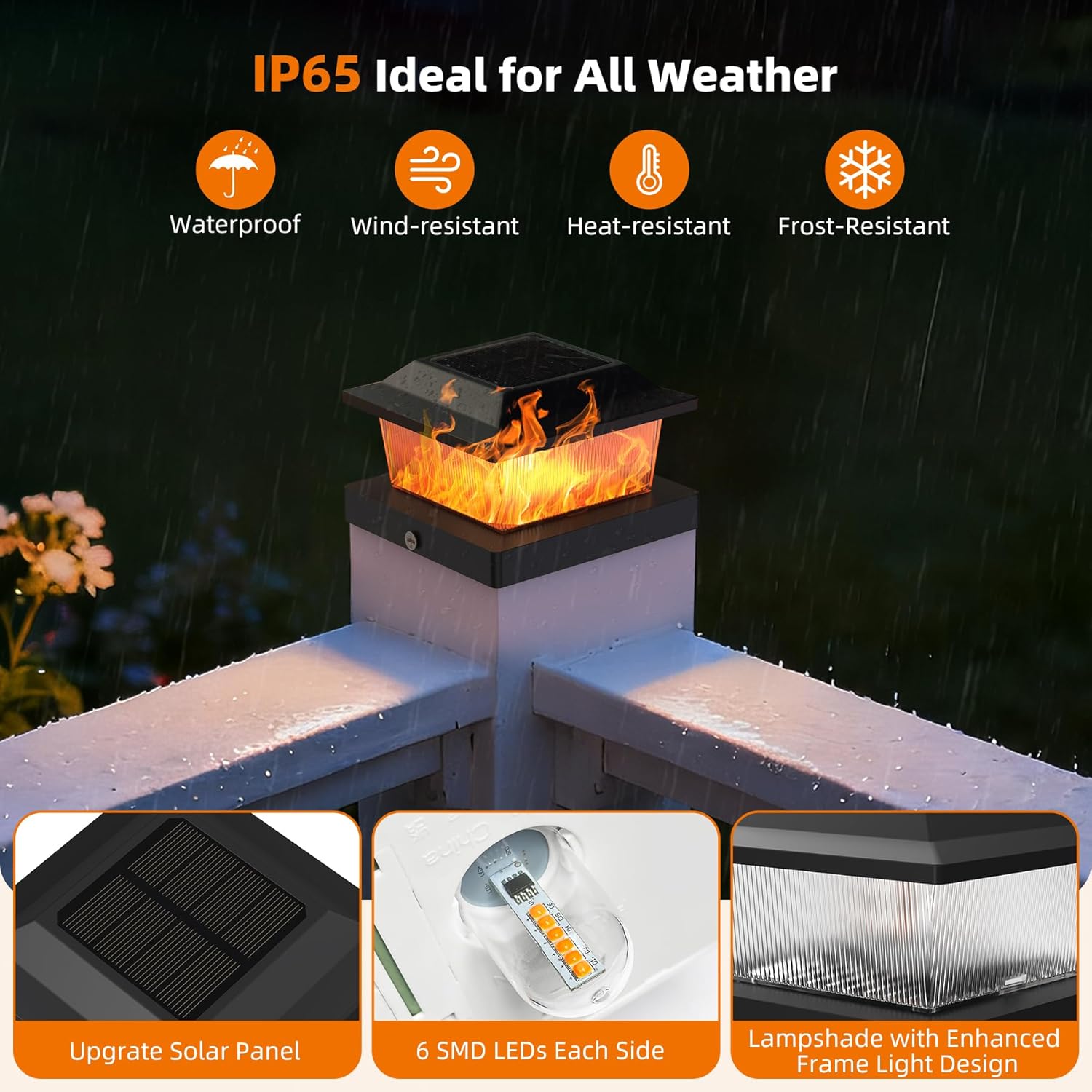 Solar Post Cap Lights, 2 Pack Outdoor Flickering Flame Light Fit for 3.5x3.5 4x4 5x5 Vinyl/Wooden Post, HIGT Brightness SMD LED Decor for Garden/Blackyard - Black