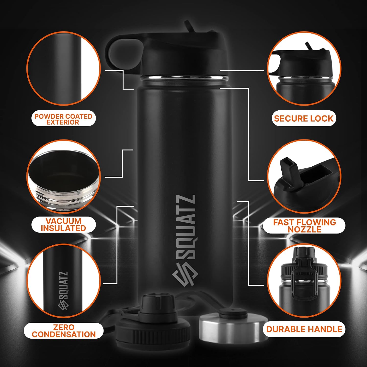 SQUATZ 18 Oz Neptune Series Steel Water Bottle, Stainless Double Wall Vacuum Insulated Flask with Handle Strap, Durable and Elegant Leak Proof Wide Mouth for Gym, Travel, Hiking, and Camping
