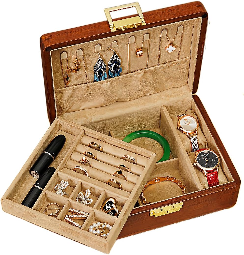 Solid Walnut Wood Jewelry Organizer Box with Lock,2-Layer...