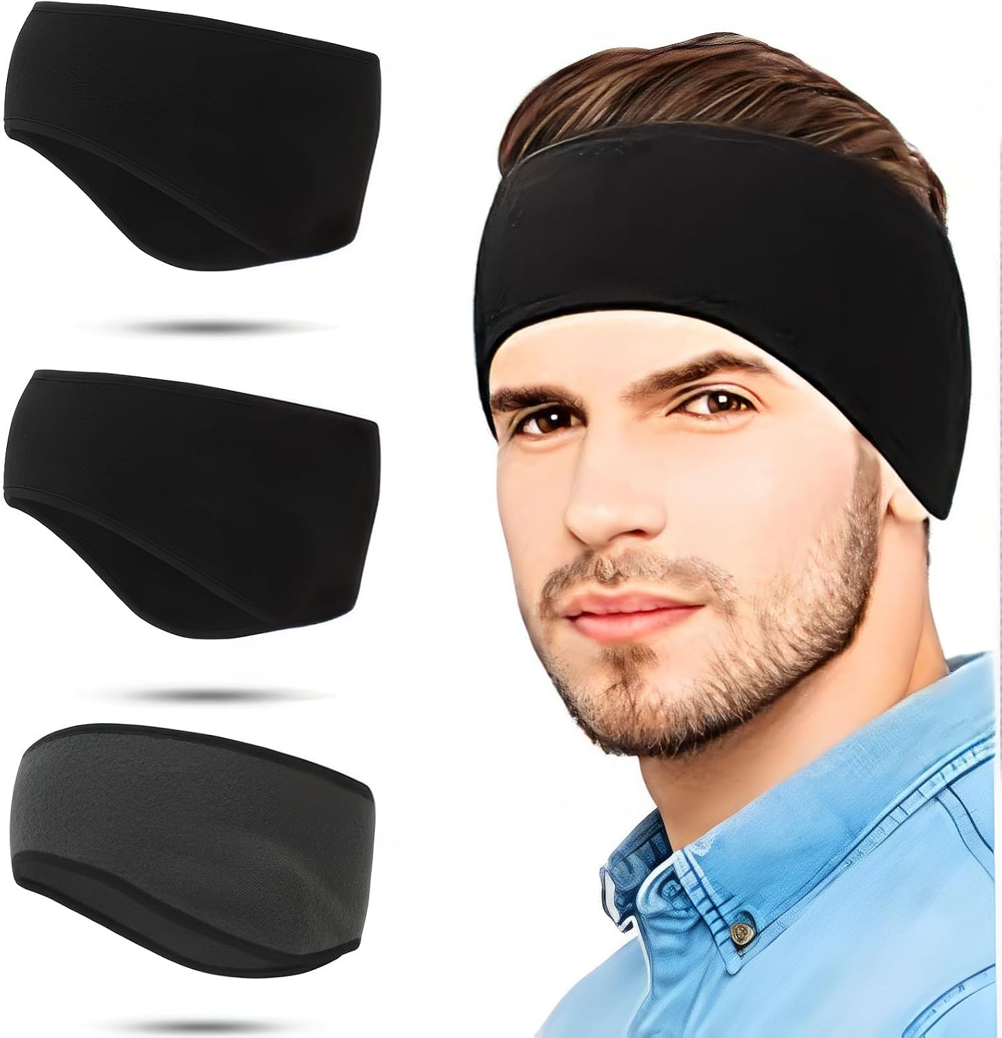 Pack of 3 Winter Headband Sports for Unisex Double Layer Windproof Headband Men's Winter Ear Warmers for Running Hiking Yoga Skiing Cycling Black Grey