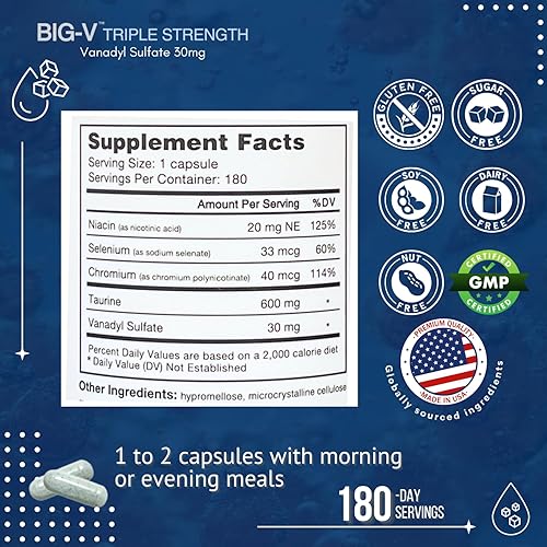 Miniatura 5 de Big-V Suplemento de vanadilo de triple fuerza sulfato de vanadilo 30 mg, taurina 600 mg, selenio, cromo y niacina, suplemento mineral mezclado, 180