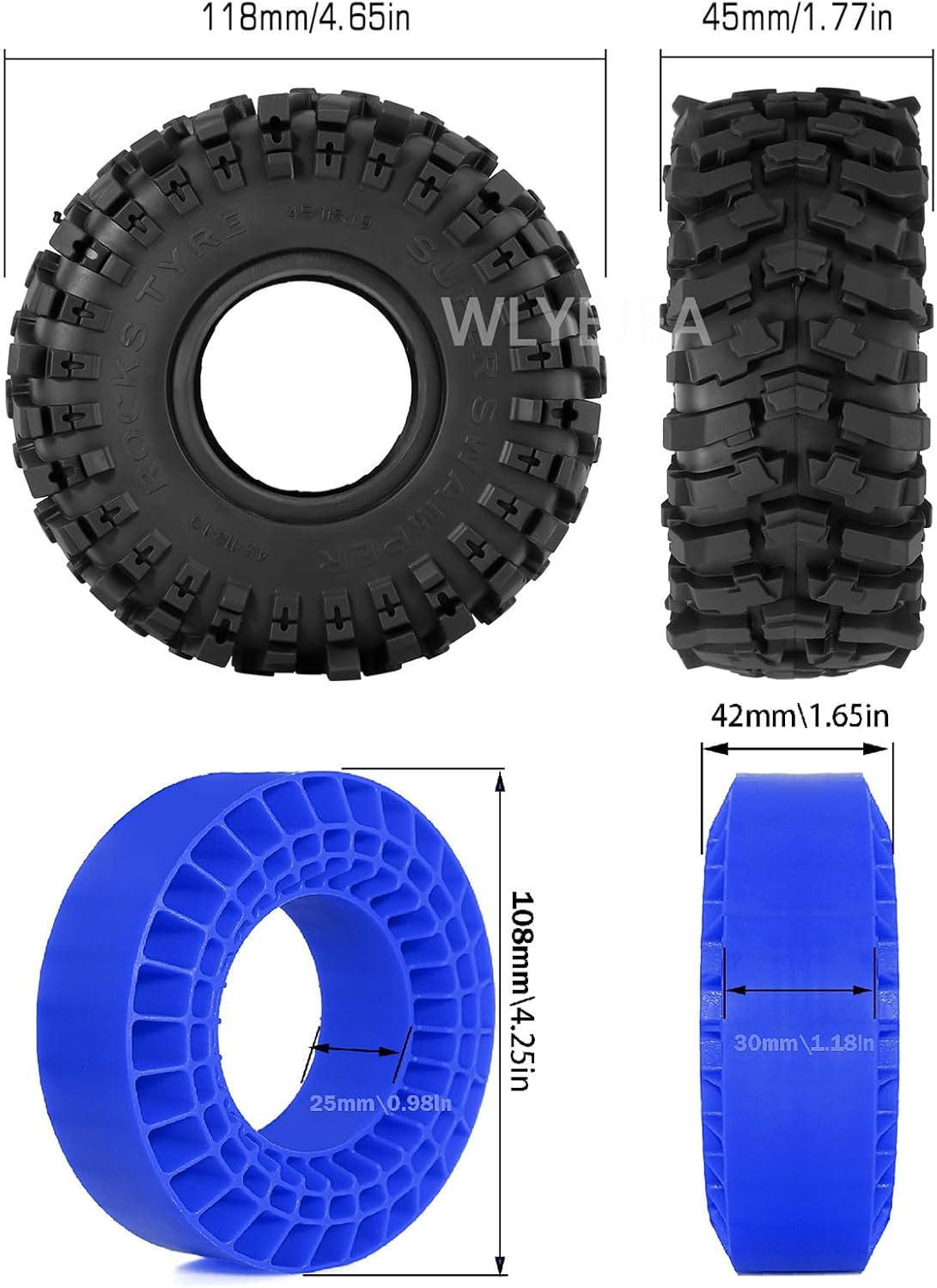 4PCS 1.9" Tires,118mm OD RC Crawler All Terrain Mud Tires Set w/Silicone Rubber Tire Insert Fit for 1:10 RC Rock Crawler Axial SCX10 90046 AXI03007 D90 TF2 Tamiya TRX-4