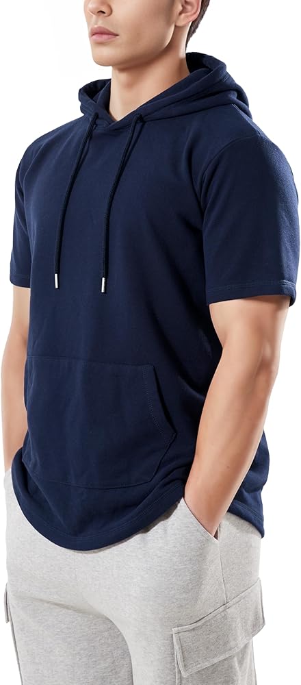 Ohoo Mens French Terry Hoodie Pullover Short Sleeve Lightweight
