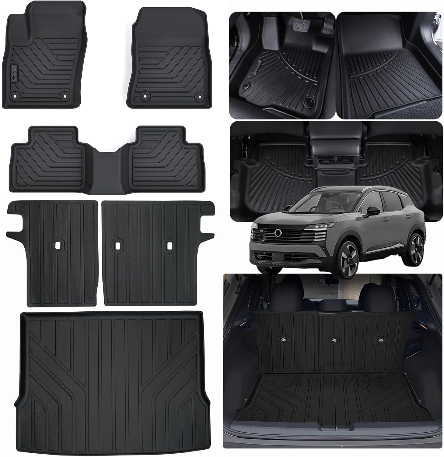 Floor Mats & Trunk Mat & Backrest Mat for 2025 2026 Nissan Kicks TPE All Weather Protection 2 Rows Car Floor Mats with Trunk Mat Fit Upper Level with Velcro Rear Seats Backrest