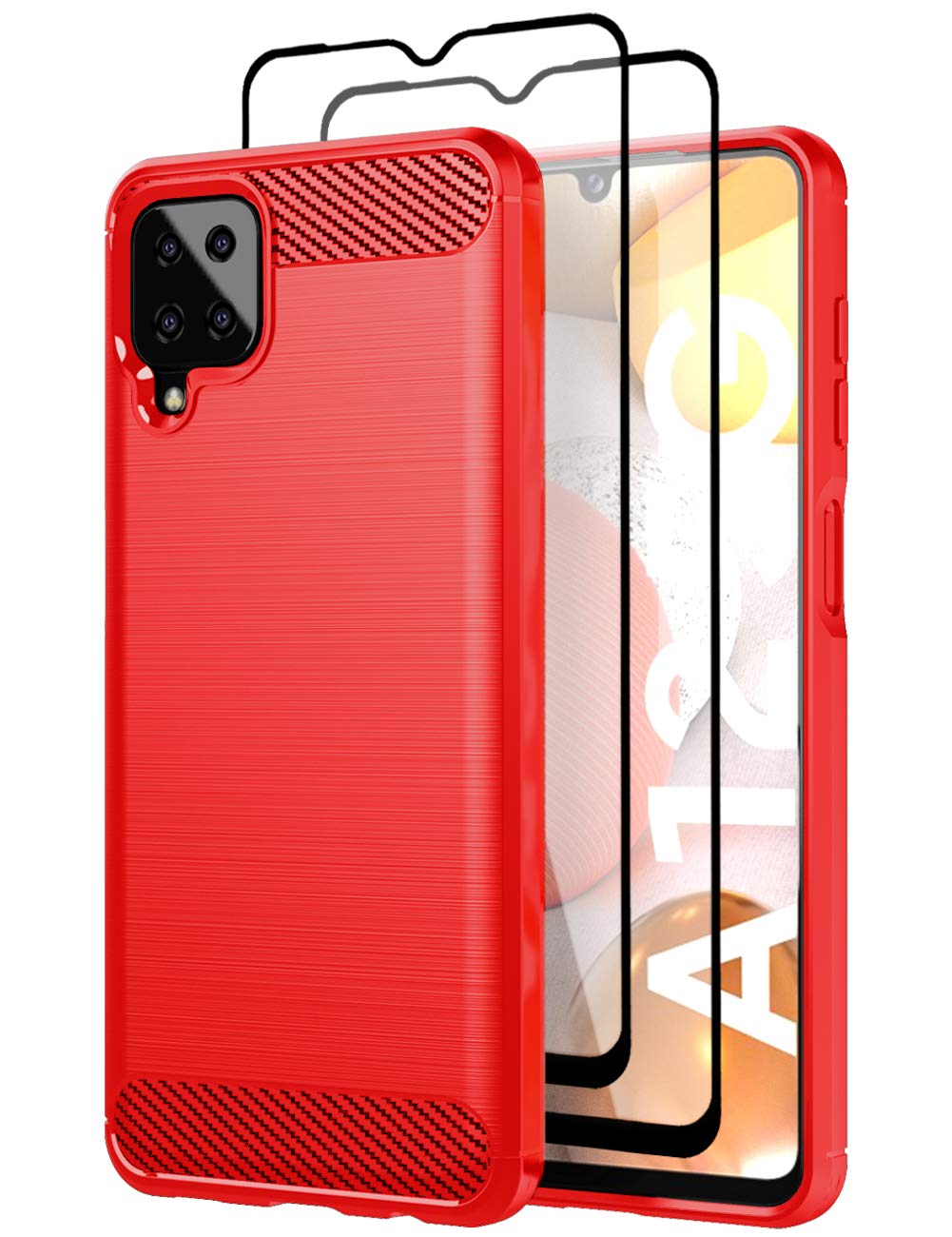 TeayohaCase for Samsung Galaxy A12 5G, Mobile Cover with Tempered Glass Screen Protector [2 Pack], Carbon Fiber Scratch Resistant, Shock Absorption Soft TPU Drawing Protective Cases - Red