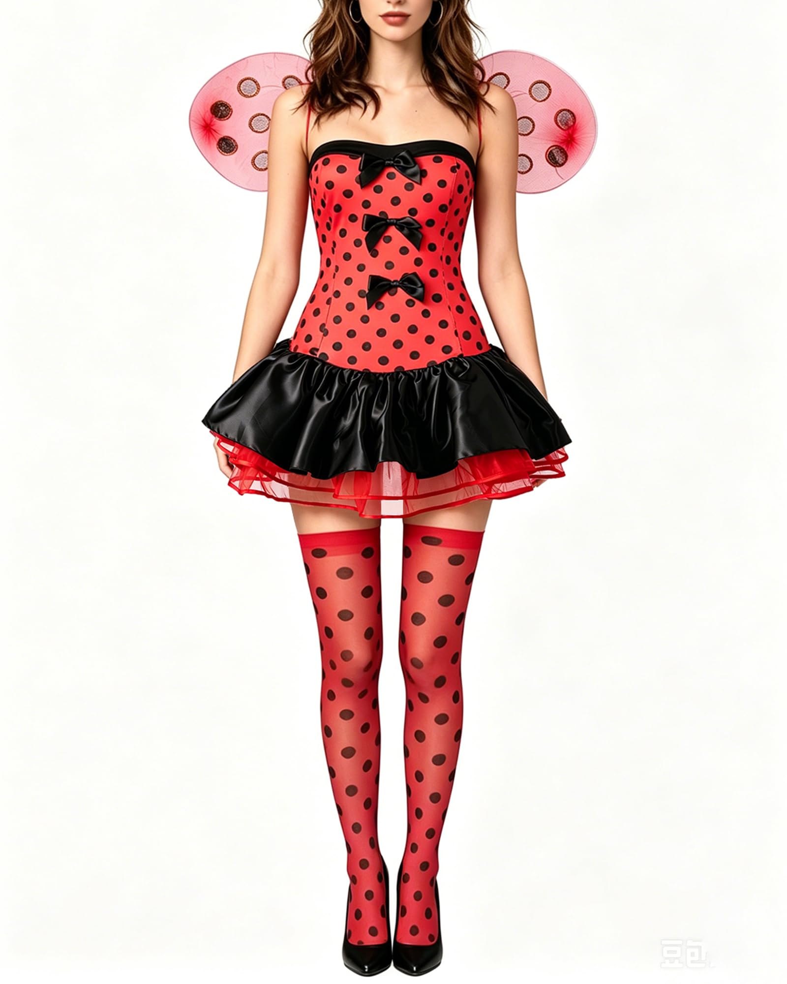 Kfsghdnz Women Halloween Bee Cosplay Costume Sleeveless Bumble Bee Dress with Wings Headband Knee High Socks Party Carnival Outfits (Red I, XL)
