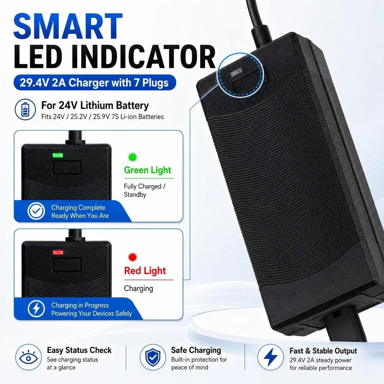 PUKOKAL 29.4V 2A Charger for 24V Lithium Battery, 7 Plugs Universal Charger