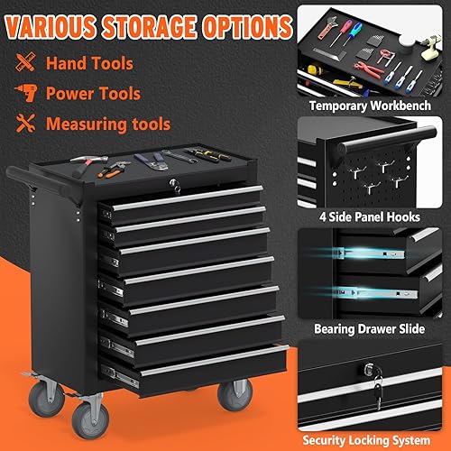 Miniatura 5 de Caja de herramientas con ruedas de 7 cajones, caja de herramientas de metal, armario de almacenamiento de herramientas de gran capacidad con bloqueo