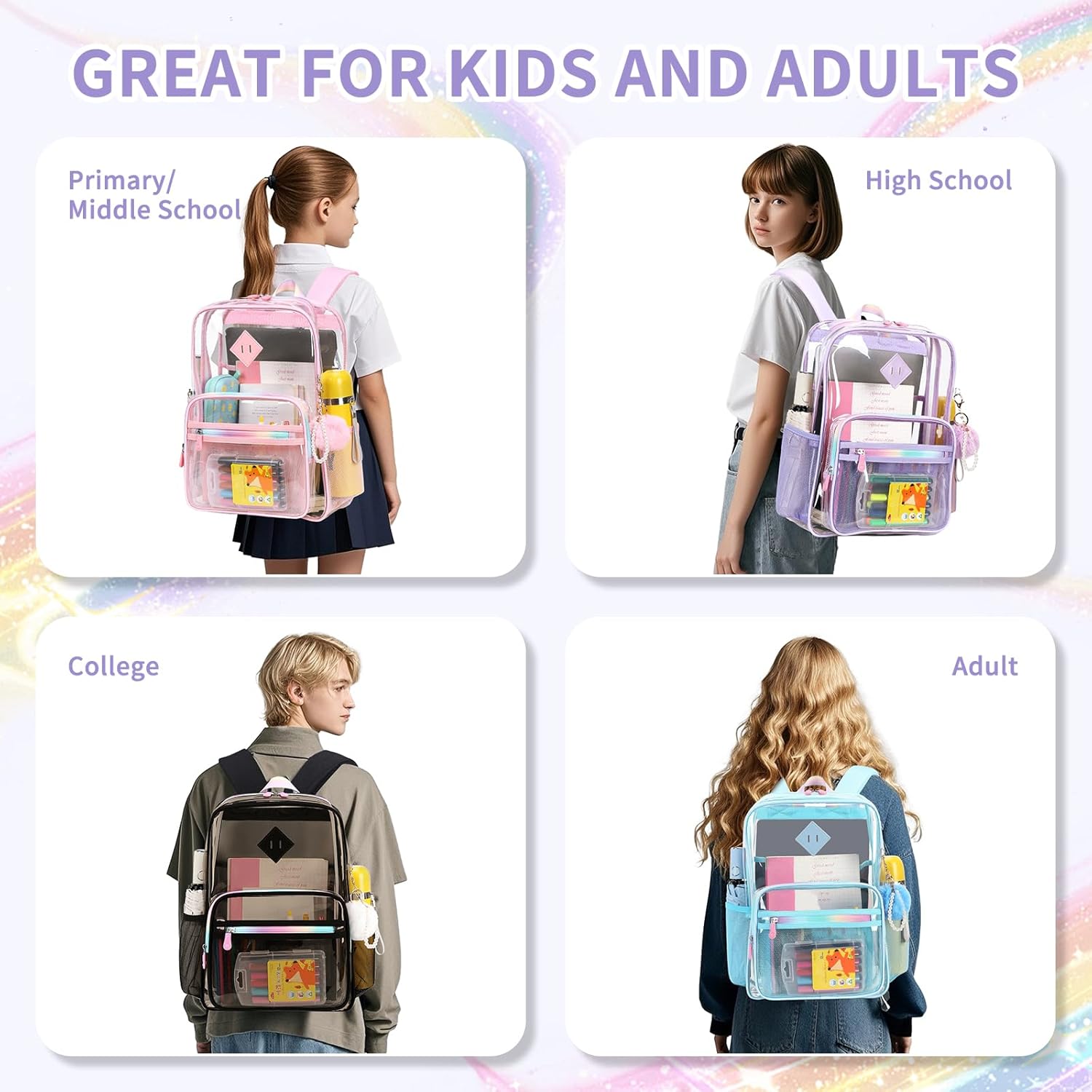 MUSEVOS Clear Backpack Heavy Duty Transparent Backpack for School Clear Bags with Wider Shoulder Straps See Through Plastic Bags Sport Events Concert Stadium-Purple