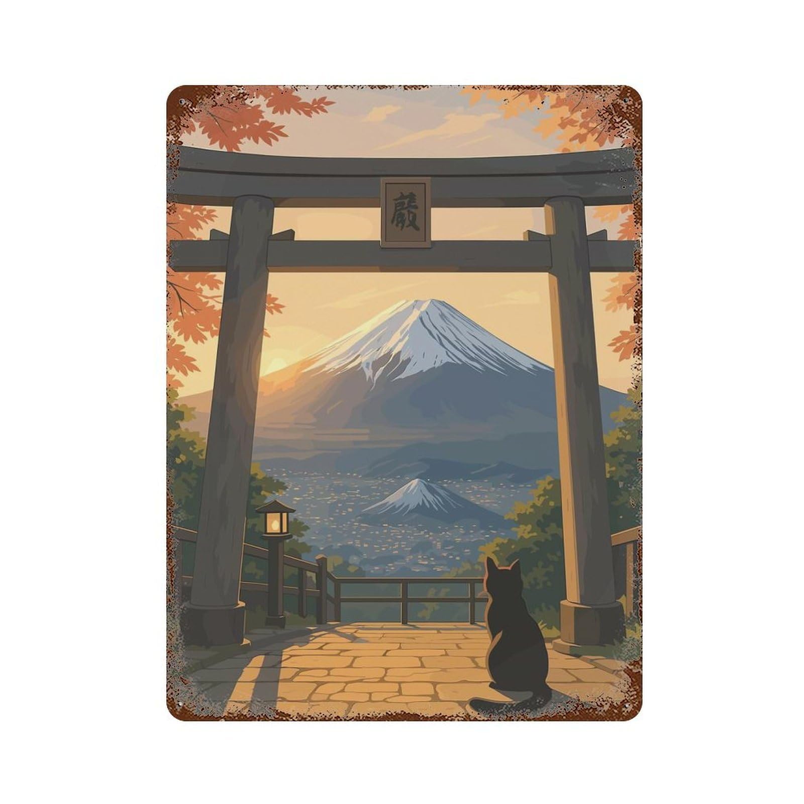 Rust Effect Mount Fuji View with Torii Gate Rustic Tin Plaque 15.7"x11.8", Decorative Metal Wall Art for Farmhouse, Kitchen And Entryway Decor