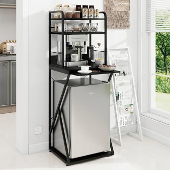 PUNCIA 4-Tier Mini Fridge Stand with Power Outlet & Storage, Coffee Bar Organizer, Refrigerator Cabinet & Microwave Shelf, Bakers Rack for Kitchen, Office, Dorm, Pantry, Apartment Black