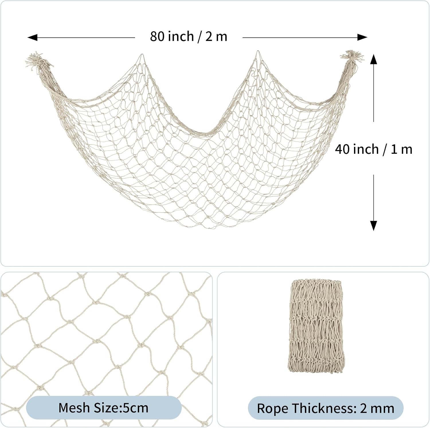 Decorative Fishing Net 80x40 Inch,Patioland Large Beige Picture Fish Net, Wall Photo Hanging Fishnet for Nautical Mermaid Pirate Ocean Themed Hawaii Beach Under The Sea Party Decorations (1PCS)