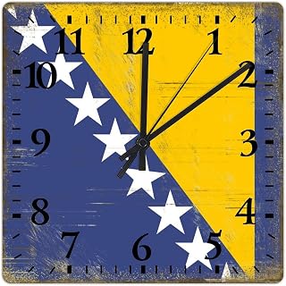 Vintage Bosnia and Herzegovina National Flag Wood Wall Clock Bosnia and Herzegovina Wall Clocks Battery Operated 12inch Square Wall Clock Home Decorative Clocks for Dinning Living Room