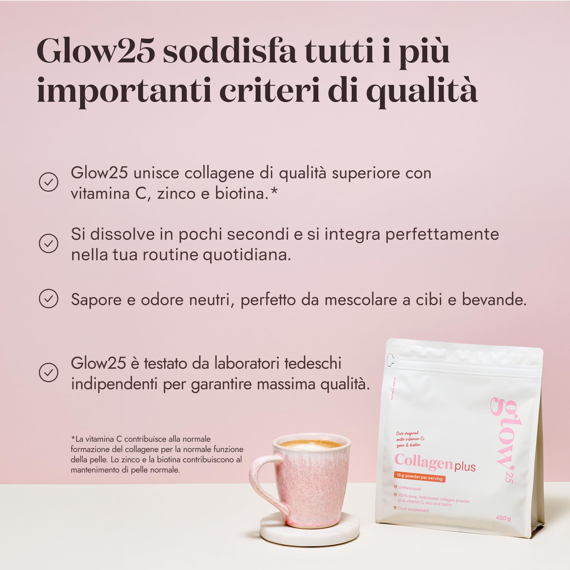 Glow25® Collagen Plus 450 g – Peptidi di collagene di tipo I e III con vitamina C, zinco e biotina – Formula idrolizzata ad alta biodisponibilità – Collagene in polvere