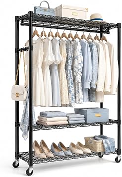 Heavy Duty Clothes Rack with Wheels,Garment Rack for Hanging Clothes,Rolling Wardrobe Rack,Clothing Rack with Double Rods & 3 Wire ShelvesBlack,43"x 18"x 81"