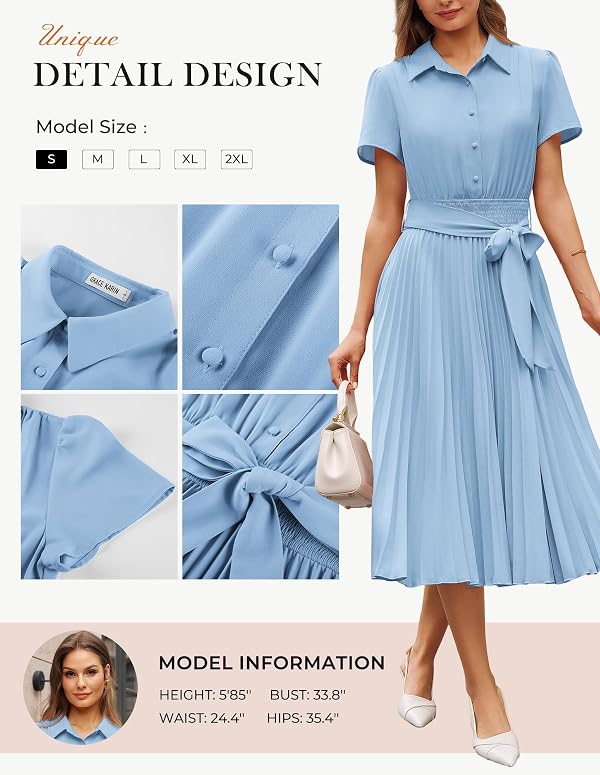 GRACE KARIN Women's 2026 Summer Midi Work Dress Short Sleeve Button Shirt Dresses A Line Pleated Belt Business Casual Dresses Light Blue S by GRACE KARIN - Used condition - Image 5
