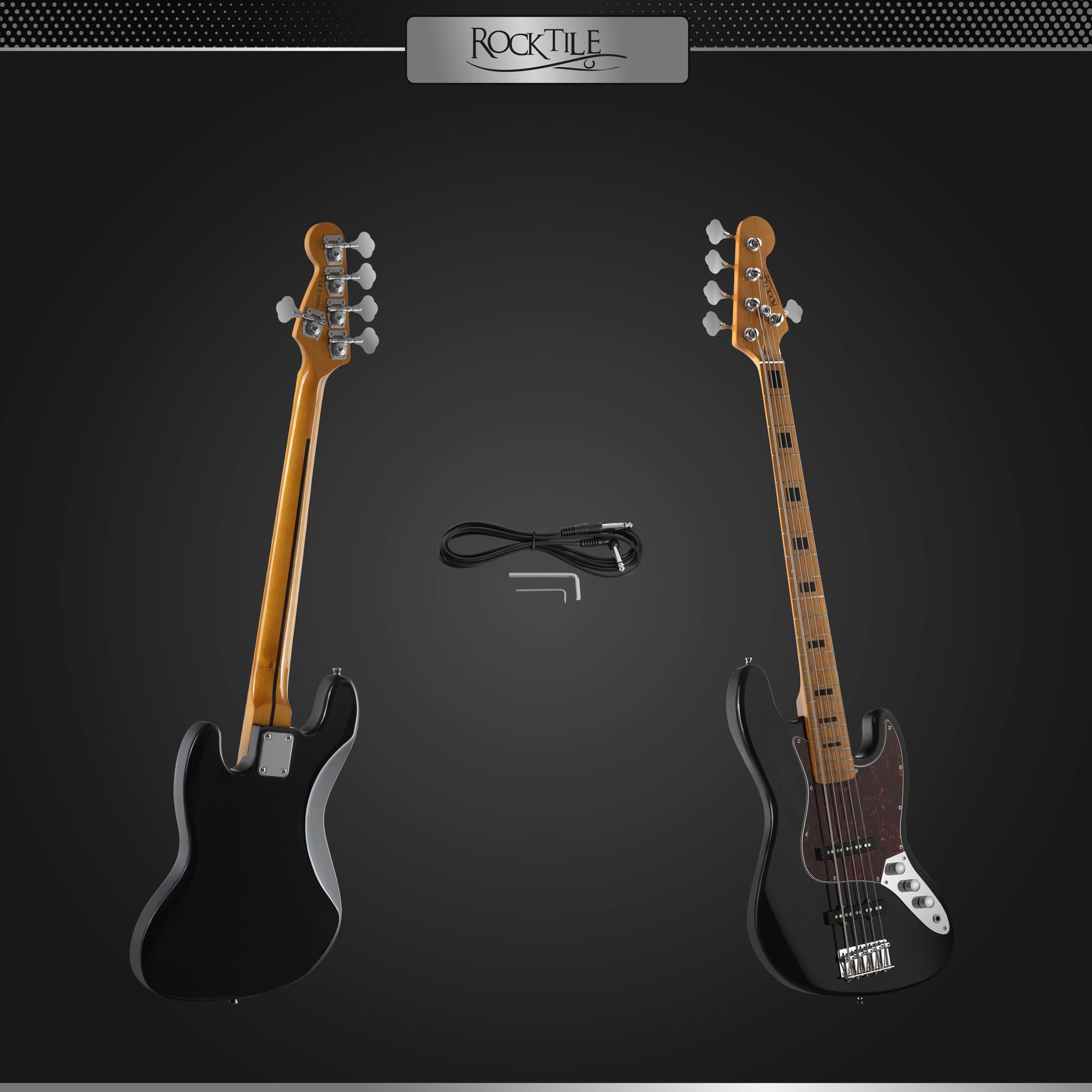 Rocktile Pro JBS50-BK E-Bass - 5-saitiger JB-Style Bass mit Lindenkorpus - Ahornhals & Ahorngriffbrett - 2x Single Coil Tonabnehmer - 2x Volume, 1x Tone Regler - 34" Mensur - Schwarz