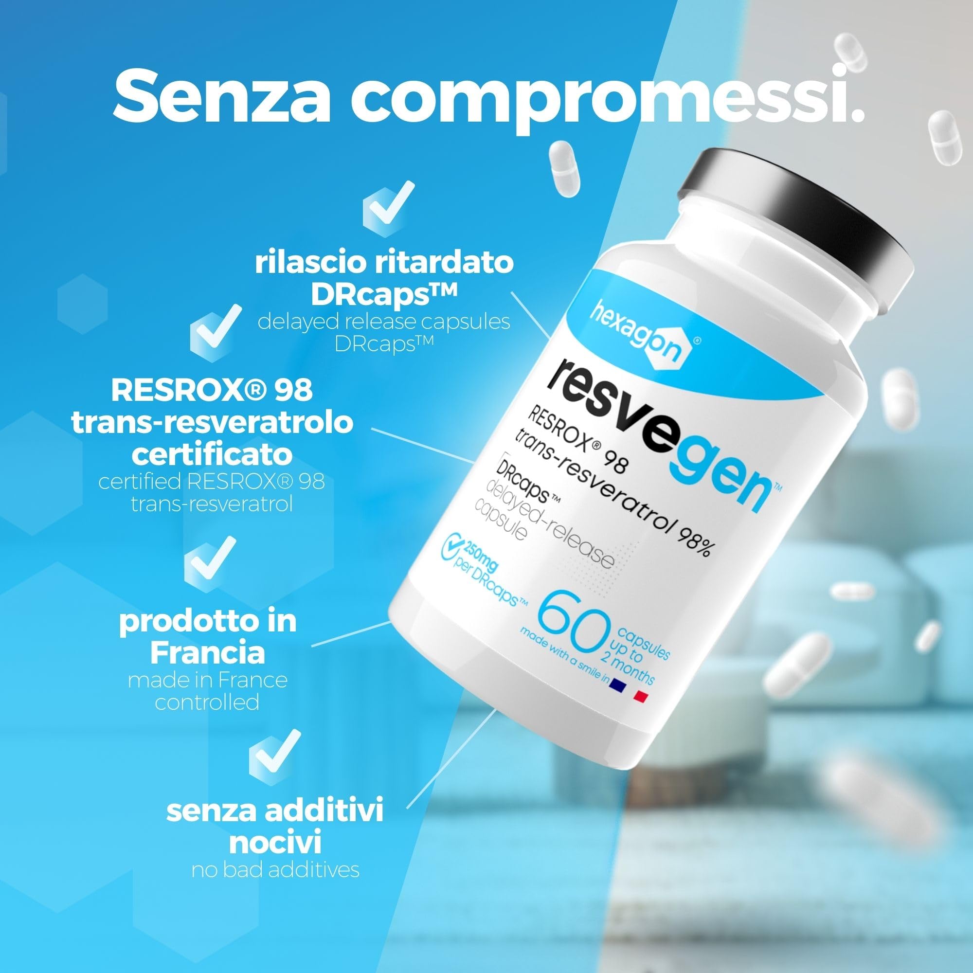 Resveratrolo - Trans-Resveratrolo 98% RESROX® - 60 Capsule DRcaps™ a rilascio ritardato, 250 mg - Alta disponibilità - Potente antiossidante e Anti-Invecchiamento - Made in France - Vegan - Hexagon