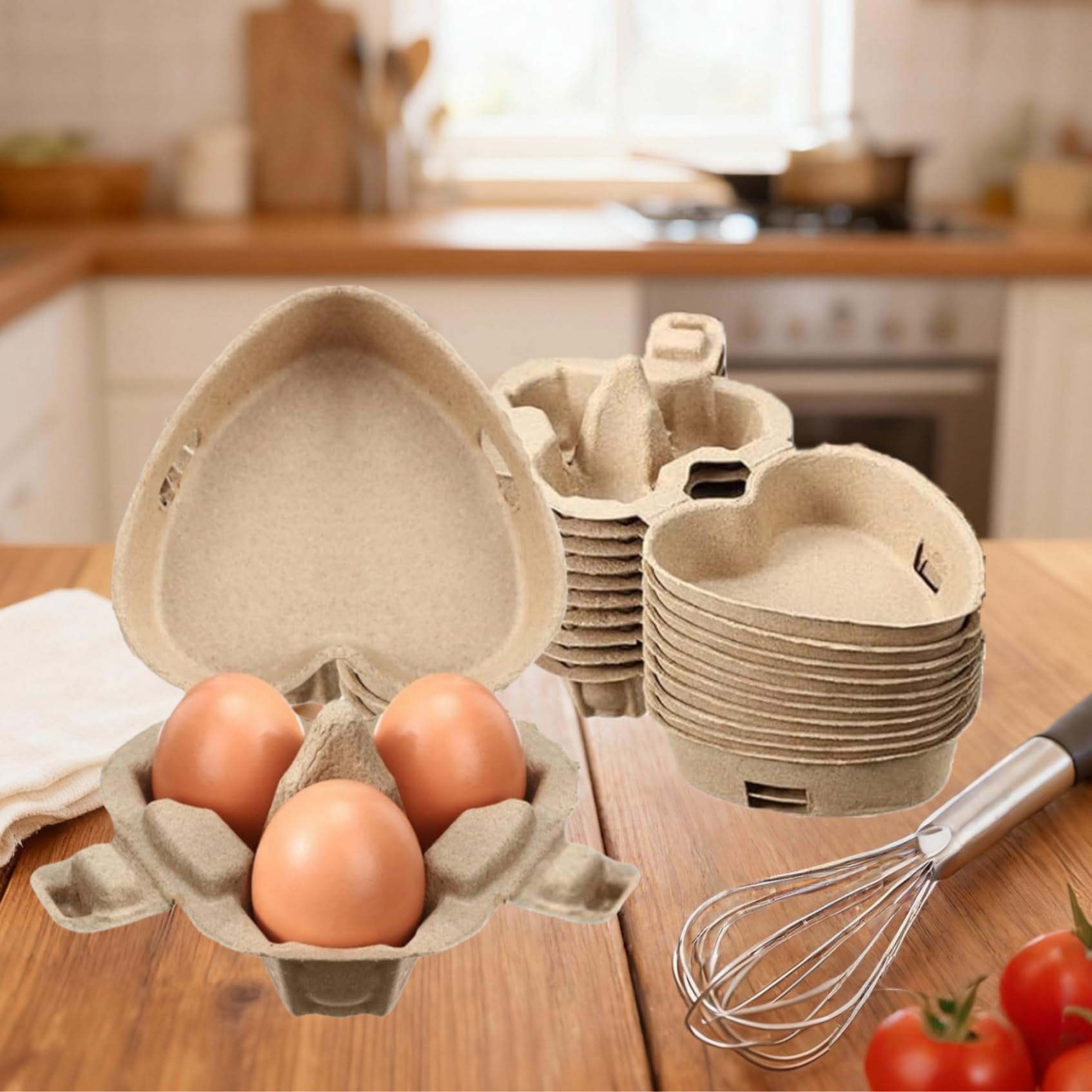 3 Cajas para Huevos de Gallina, Hueveras Carton con Tapa y Cuerda de Yute, Bandeja para Huevos con Forma de Corazón, para Almacenamiento, Transporte, Suministros para la granja y Regalos(30 unid.)