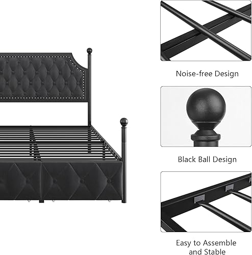 Miniatura 8 de Keyluv Base de cama con dosel tapizado completo con 2 cajones y cabecero copetudo con botones, plataforma de metal con 4 postes extraíbles, cama de