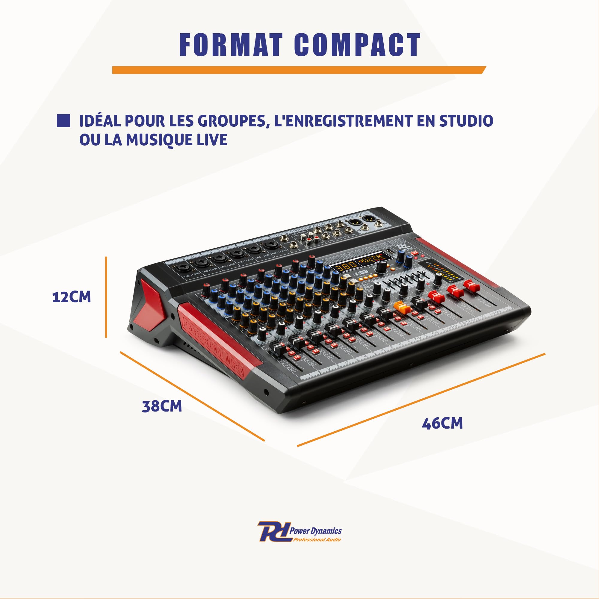 Power Dynamics PDM-T804 Console de Mixage 8 Canaux - avec Streaming Bluetooth, Egaliseur Graphique 7 Bandes, MP3, Sortie USB, Sortie Casque Jack 6,35mm, Idéal pour Studio d'Enregistrement