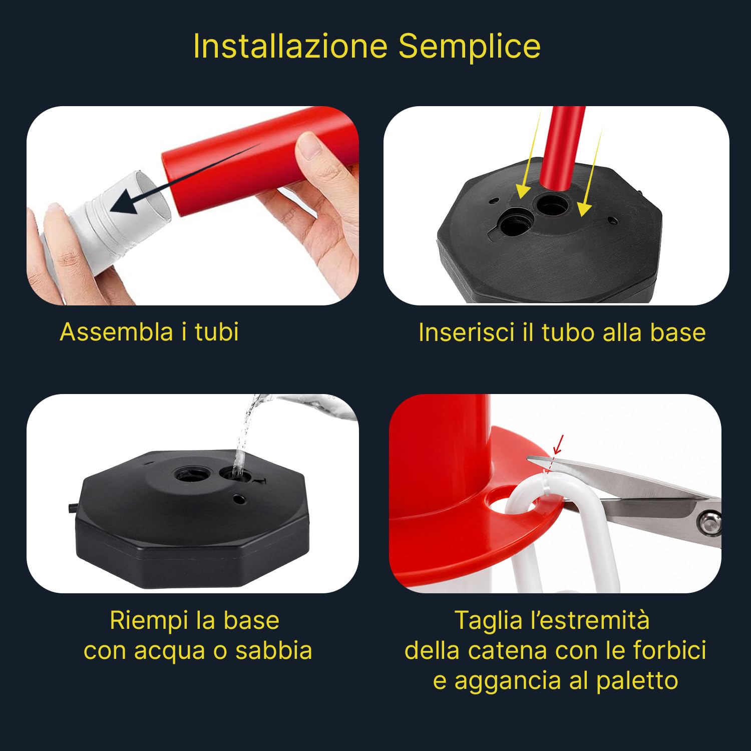 Paletti Delimitazione Set 4 con Catena 2 Metri e Base Zavorrabile 3L – Dissuasore Parcheggio PE Alta Visibilità, Paletti Parcheggio Privato, Paletti per Recinzione Interno Esterno