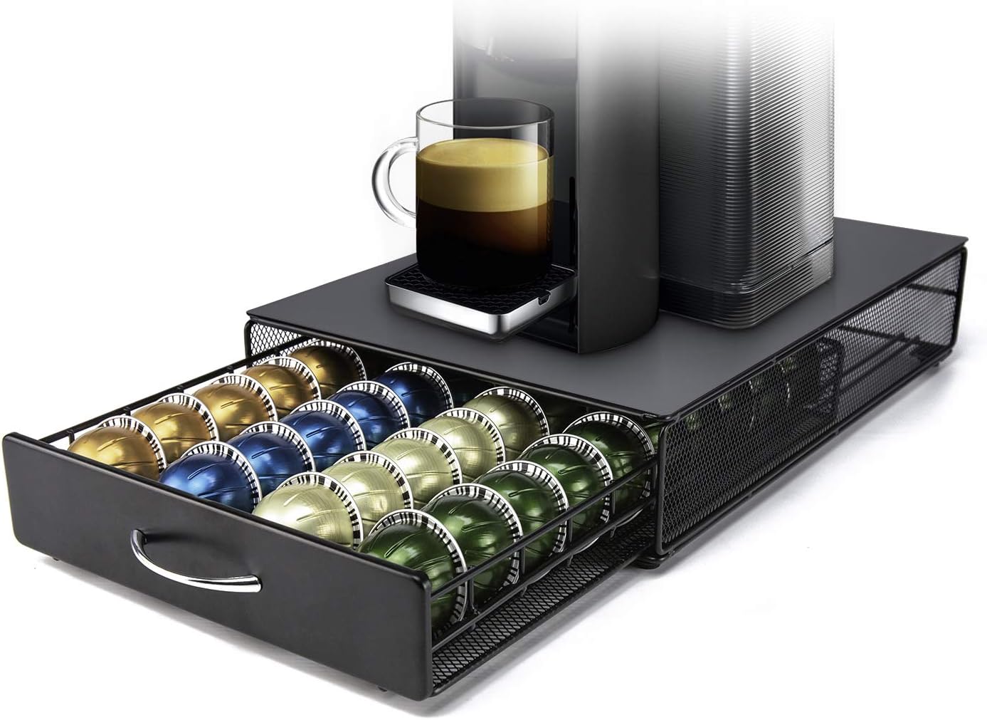 Vertuoline HiveNets Coffee Machine Capsule Metal Storage Holder Stand Drawer Dispenser Compatible for Nespresso Vertuo/Vertuoplus 40 PCS Capacity Multiple Flavors Pods Organizer [Black]