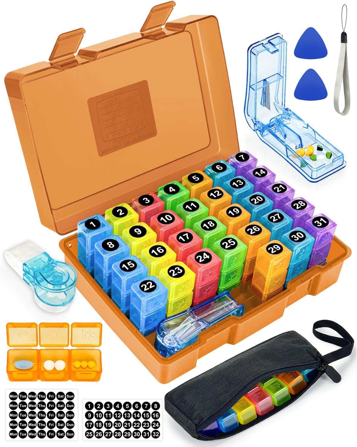 Monthly Pill Organizer 2 Times a Day – Yonlog Large Medicine Box with Weekly Travel Bag, Pill Cutter, Easy-Open Pick, Pill Taker Tool, and 2 Medication Stickers (Pink, 2 Times a Day)