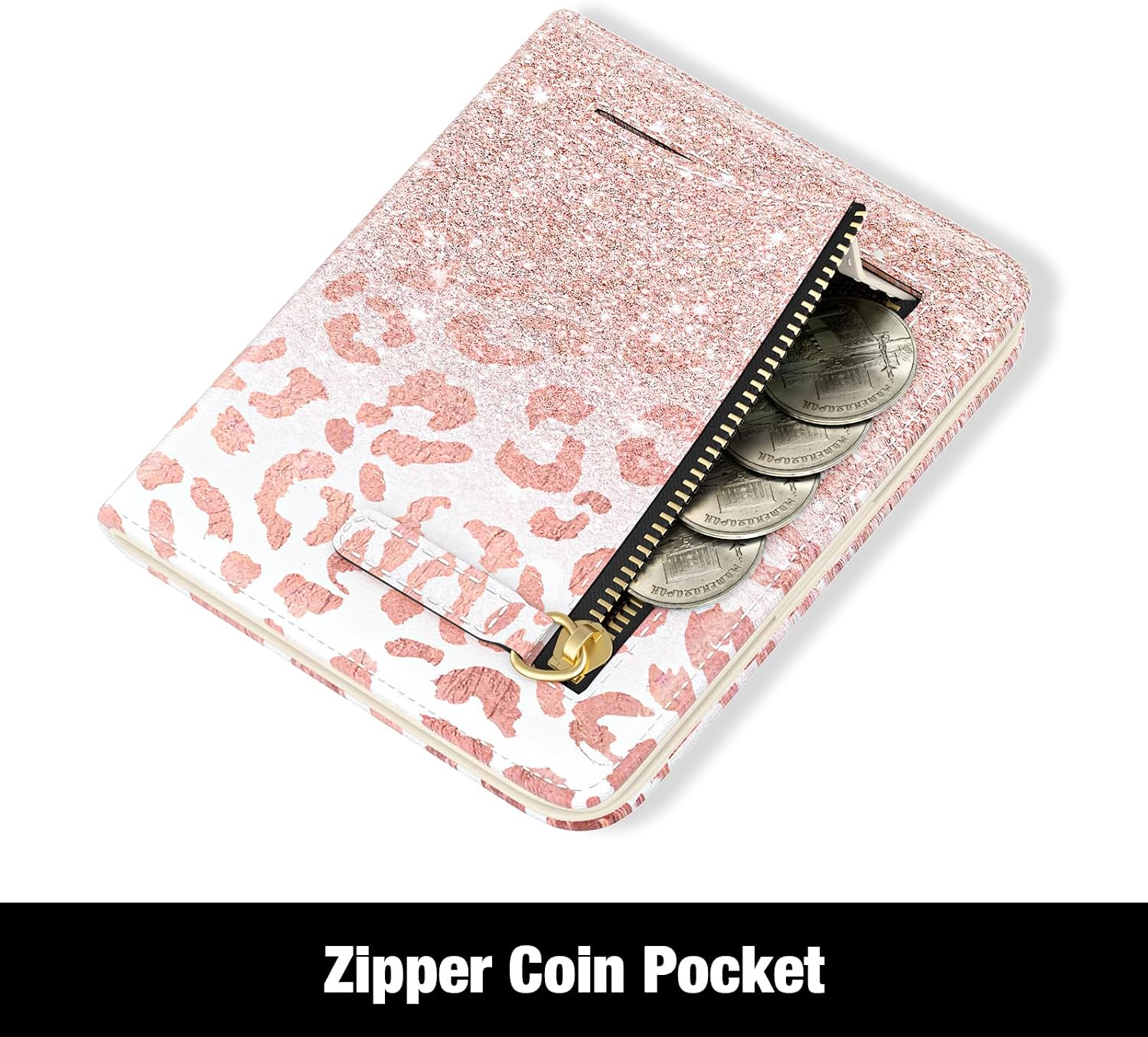 Rouidr Womens Wallet, RFID Small Slim Wallet for Women, Cute Bifold Leather Pocket Credit Card Holder Ladies Mini Purse with Zipper Coin Pocket & ID Window, Pink Leopard image 4