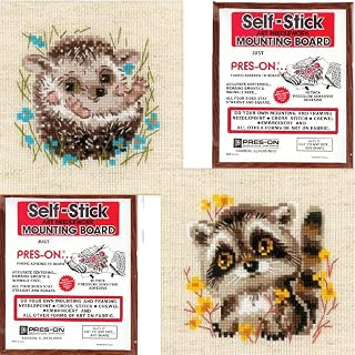 2 Cross Stitch Kit Bundle with 2 Mounting Boards: Little Raccoon and Little Hedgehog, 2 5x7 Mounting Boards Included
